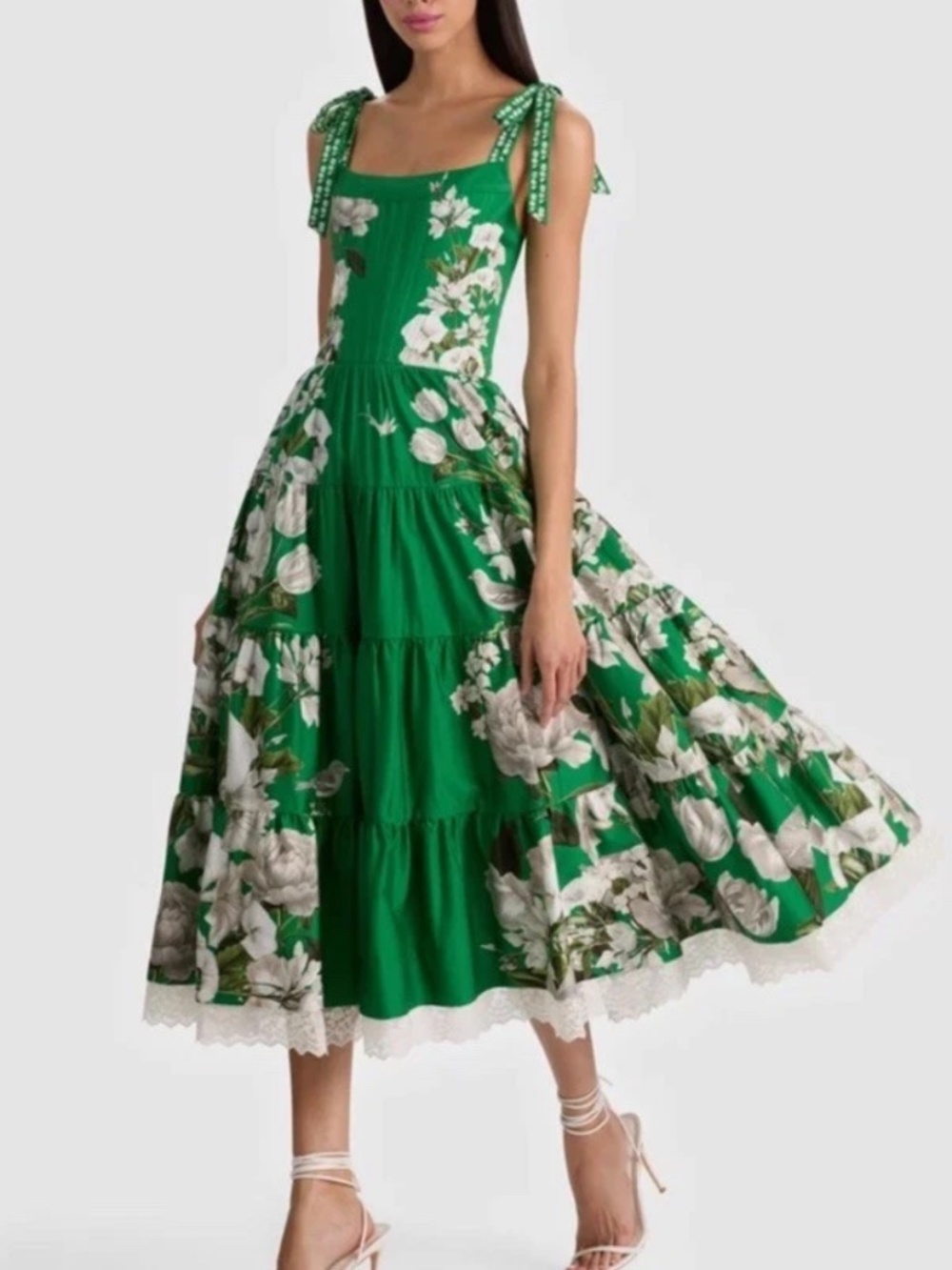 Alice + Olivia Rosalee Bustier Midi Dress In American Pie Green Apple NWT